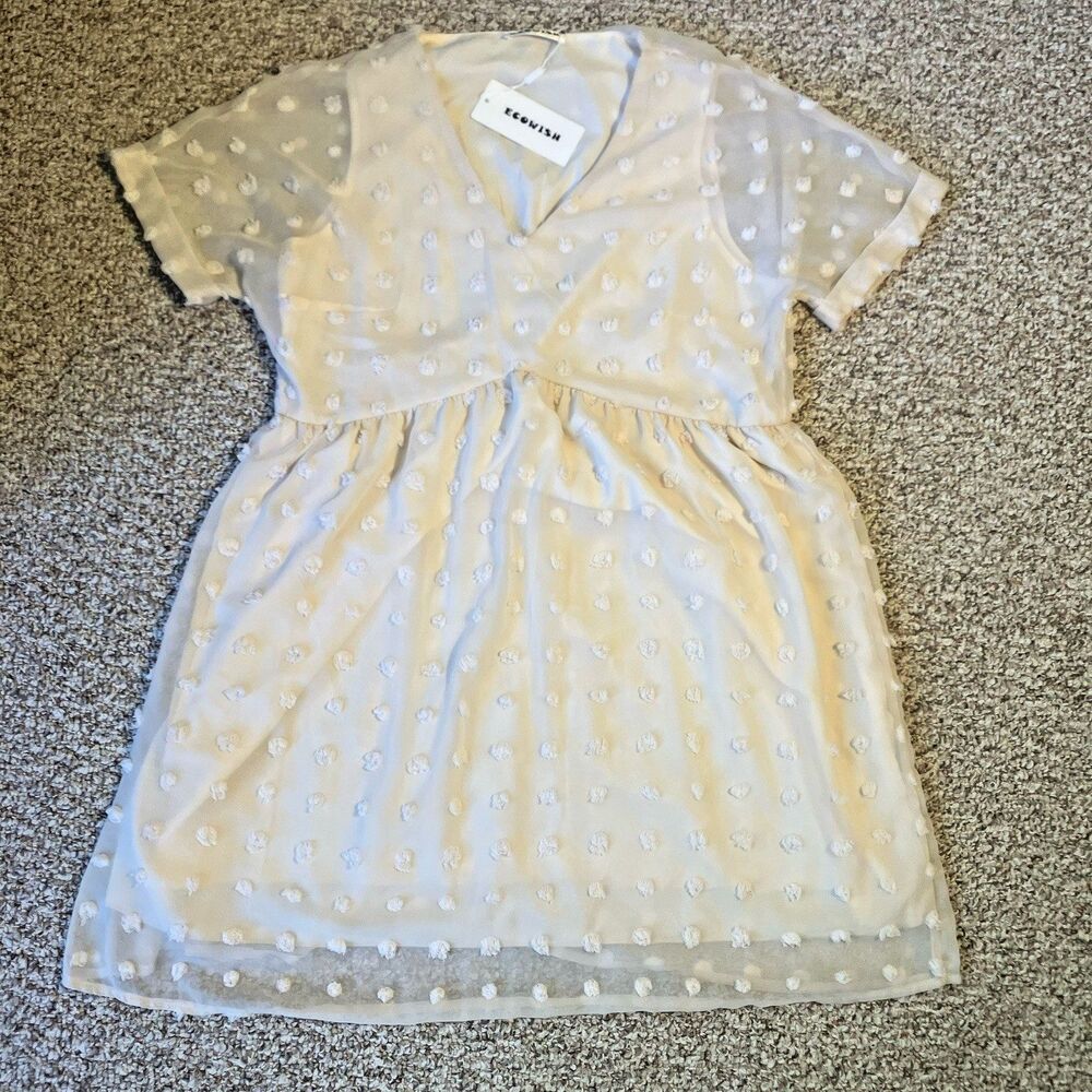 NWT Ecowish Womens Swiss Dot Dress Sz L Cream White Short Sleeves Bridal Shower